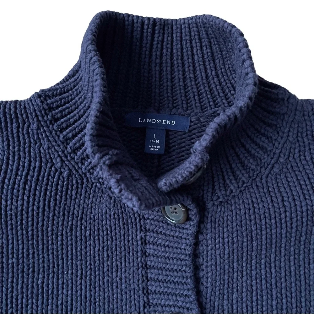 Lands End 100% Cotton Button-Up Cardigan, Navy Blue - Picture 2 of 6